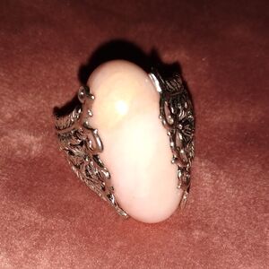 Thailand Oval Pink Opal Ring Solid 925 Sterling Silver Flowers Floral Setting 8